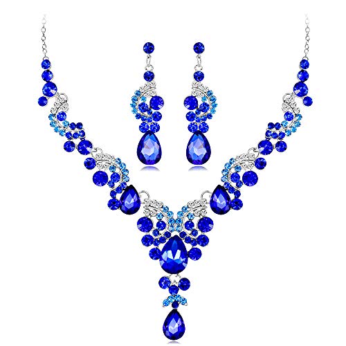 Wedity Braut Hochzeit Kristall Halskette Ohrringe Set Floral Choker Halsketten Tropfenförmiger Schmuck für Frauen und Mädchen (Blau) von Wedity