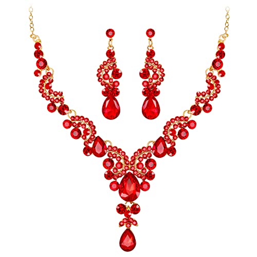 Wedity Braut Hochzeit Kristall Halskette Ohrringe Set Floral Choker Halsketten Tropfenförmiger Schmuck für Frauen und Mädchen (Rot) von Wedity