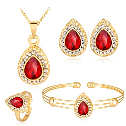 Wedity Braut Hochzeit Wassertropfen Kristall Halskette Ohrringe Armband Ring Set Gold Braut Herz Anhänger Choker Halsketten Schmuck für Frauen und Mädchen (Rot) von Wedity