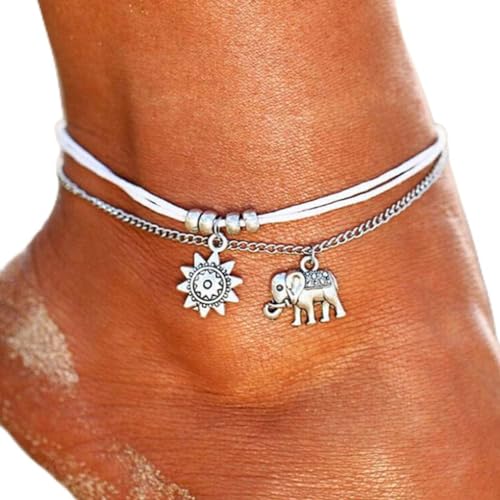 Wedity Elefant Fußkettchen Retro Mode Sonnenblume Geflochtene Fußkettchen Perlen Sommer Accessoires Strand Fußschmuck Einstellbar für Frauen Mädchen von Wedity