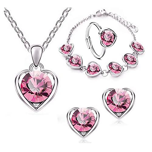 Wedity Herz-förmige Kristall Halskette Ohrringe Armband Ring Set Gold Mode Liebe Herz Anhänger Choker Halsketten Schmuck für Frauen und Mädchen (Rot) von Wedity