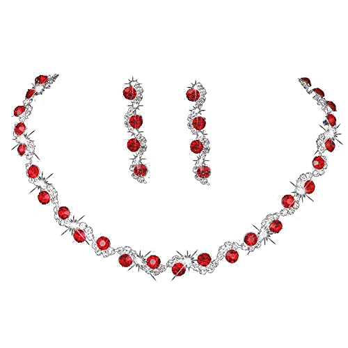 Wedity Hochzeit Kristall Halskette Ohrringe Set Braut Choker Halsketten Hochzeitsschmuck für Frauen und Mädchen (Rot) von Wedity