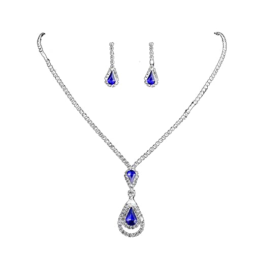 Wedity Hochzeit Kristall Halskette Ohrringe Set Braut Halsband Halsketten Blau Anhänger Schmuck für Frauen und Mädchen (Blau 2) von Wedity