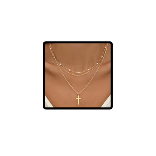 Wedity Kreuz Halskette Perlenkragen Kette Layered Cross Anhänger Halsketten Einfache Nette Halsketten Schmuck für Frauen (Gold) von Wedity