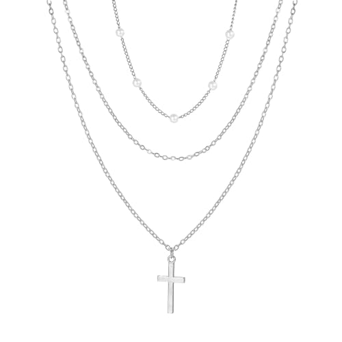 Wedity Kreuz Halskette Perlenkragen Kette Layered Cross Anhänger Halsketten Einfache Nette Halsketten Schmuck für Frauen (Silber) von Wedity