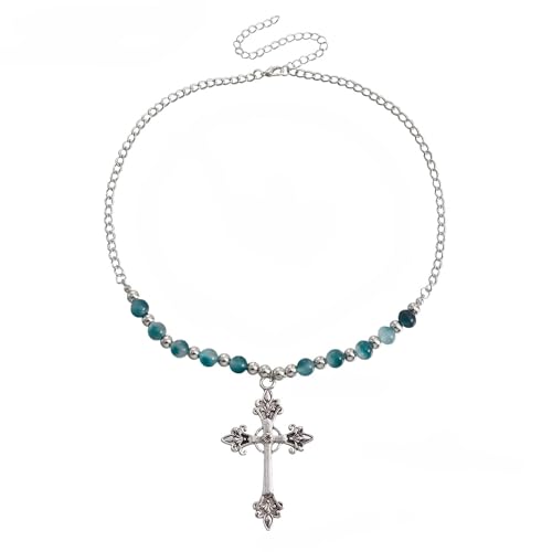 Wedity Kristall Kreuz Halskette Perle Perle Kragen Kette Kreuz Anhänger Halsketten Einfache Nette Vintage Halsketten Schmuck für Frauen (grün) von Wedity