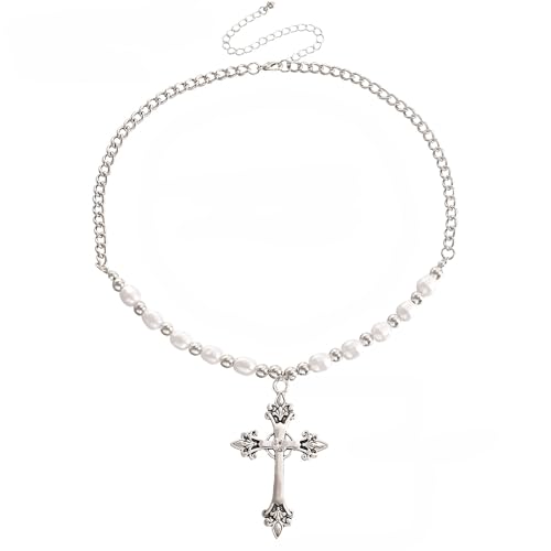 Wedity Kristall Kreuz Halskette Perle Perle Kragen Kette Kreuz Anhänger Halsketten Einfache Nette Vintage Halsketten Schmuck für Frauen (weiß) von Wedity