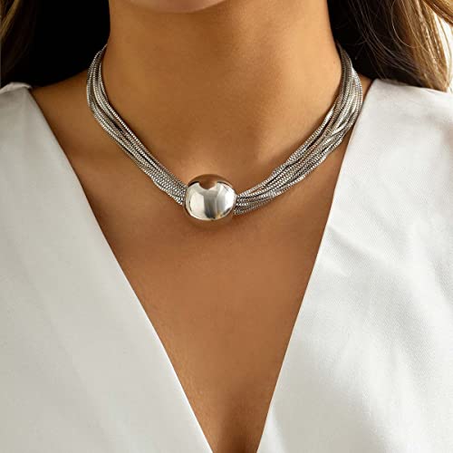 Wedity Punk Mehrschichtige Overlay Halsketten Armbänder Geometrische Kugel Choker Halskette Dicke Ketten Schmuck für Frauen und Mädchen (Silberne Halskette) von Wedity