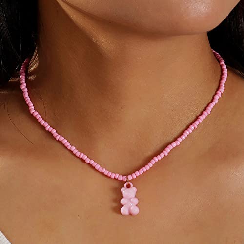 Wedity Teddybär-Anhänger-Halskette, Bonbonfarbe, handgefertigte Reisperlen-Halskette, süßer Kragenschmuck für Frauen und Mädchen (Rosa) von Wedity