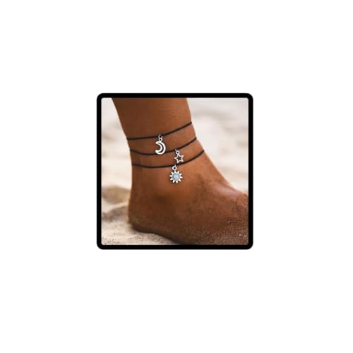 Wedity Vintage Star Moon Sun Fußkettchen Gewebte Fußkettchen Armbänder Mehrschichtige Kette Strand Zubehör Fußschmuck Einstellbar für Frauen Mädchen von Wedity