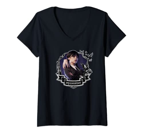 Damen Mittwochsserie Nevermore Frame Wednesday T-Shirt mit V-Ausschnitt Damen Mittwochsserie Nevermore Frame Wednesday T-Shirt mit V-Ausschnitt von Wednesday Series