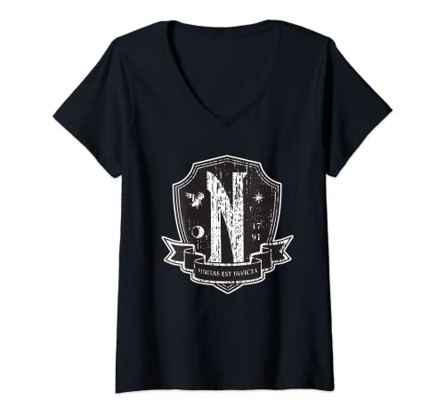 Damen Wednesday-Serie Nevermore Logo im Used-Look T-Shirt mit V-Ausschnitt Damen Wednesday-Serie Nevermore Logo im Used-Look T-Shirt mit V-Ausschnitt von Wednesday Series