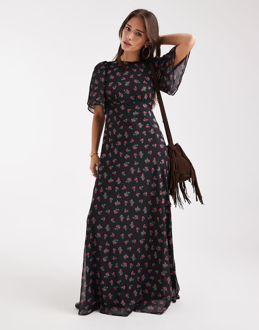 Wednesday's Girl - Hochgeschlossenes Maxikleid in Schwarz mit Blümchenmuster und Rüschenärmeln-Marineblau von Wednesday's Girl