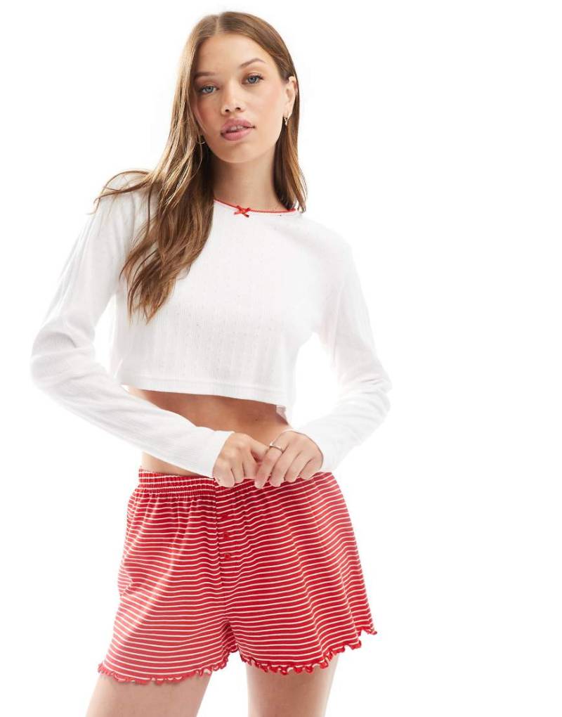 Wednesday's Girl - Langärmliger Pointelle-Pyjama in Rot mit Streifenmuster von Wednesday's Girl