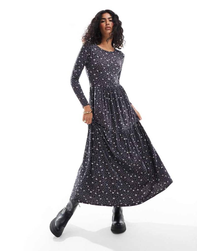 Wednesday's Girl - Langärmliges Midaxi-Kleid in Blau mit verwischtem Punktemuster in Schwarz von Wednesday's Girl