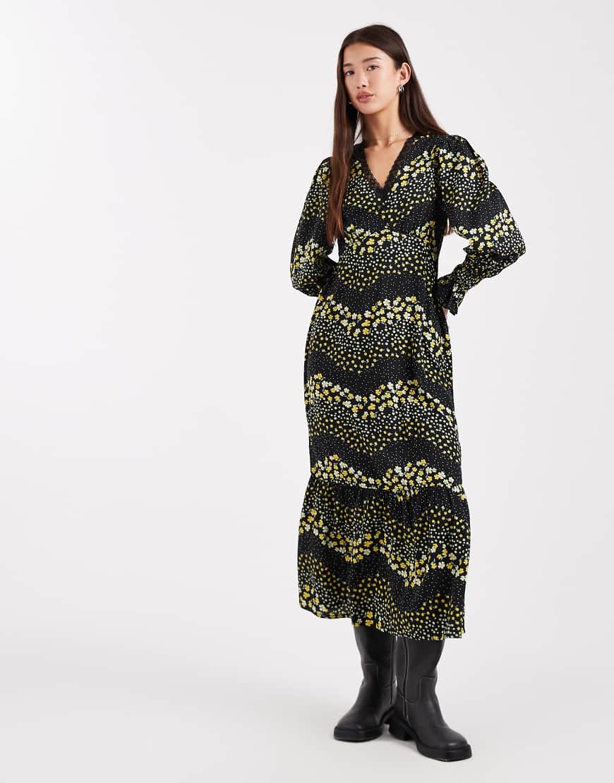 Wednesday's Girl - Langärmliges Midaxikleid in gelb geblümt-Bunt von Wednesday's Girl