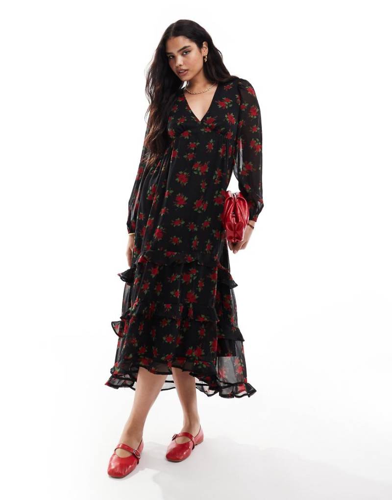 Wednesday's Girl - Luftiges, wadenlanges Kleid in Rot-Bunt mit Stufendesign und Rosenprint von Wednesday's Girl