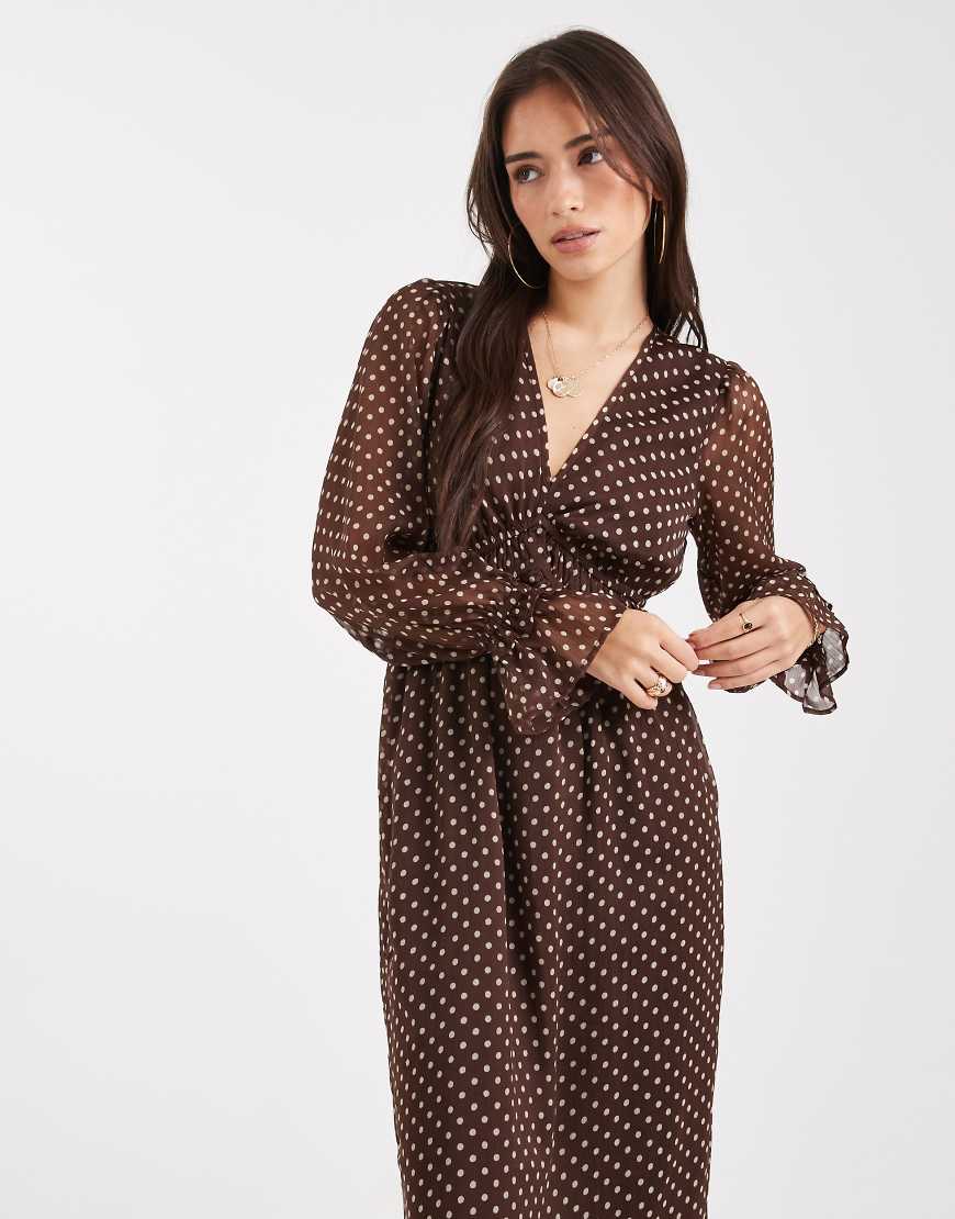 Wednesday's Girl - Midaxi-Kleid in Braun mit Polka Dots und V-Ausschnitt-Schwarz von Wednesday's Girl