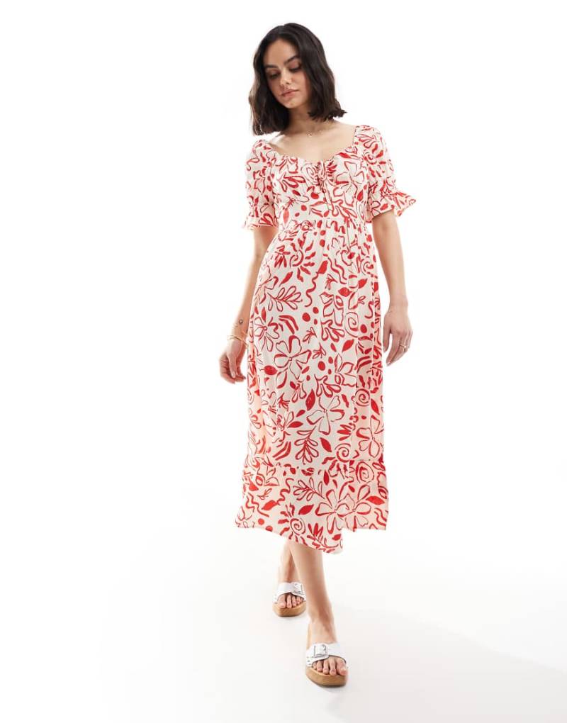 Wednesday's Girl - Midi-Milchmädchenkleid in Rot und Cremeweiß mit Puffärmeln und Blümchenmuster von Wednesday's Girl