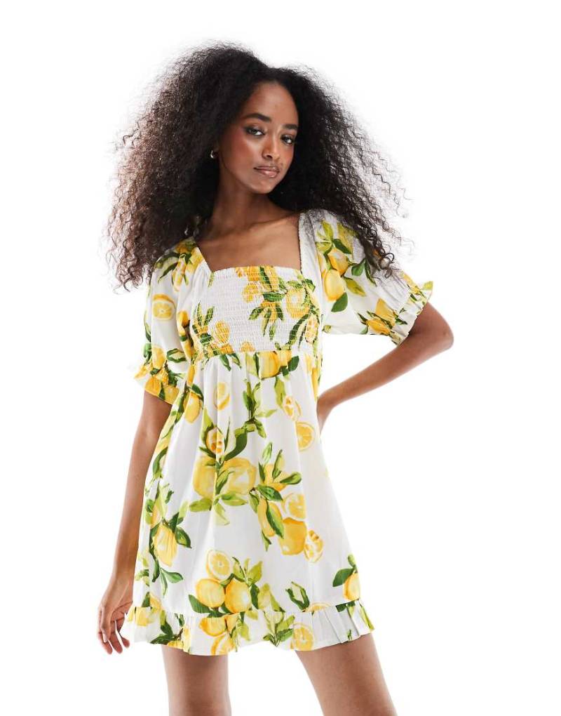 Wednesday's Girl - Minikleid in Gelb mit Puffärmeln und Zitrusmuster-Bunt von Wednesday's Girl