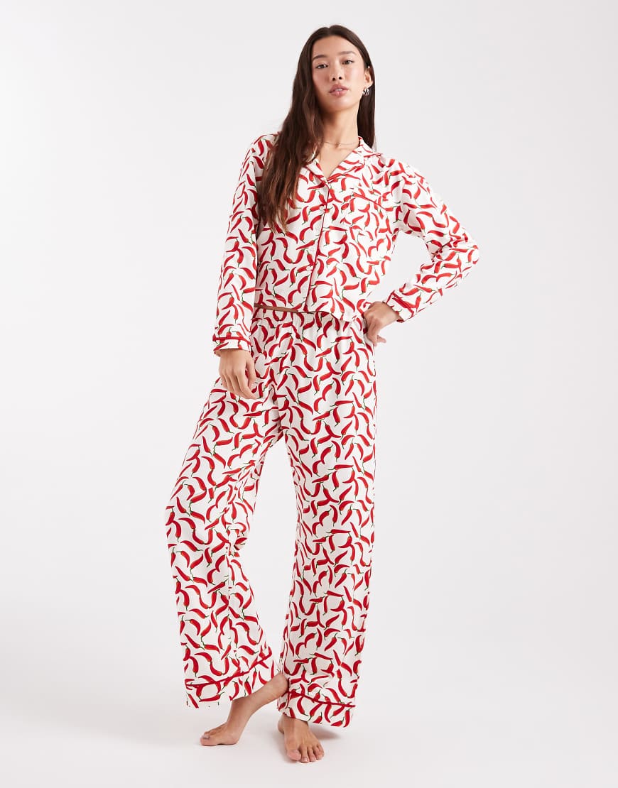 Wednesday's Girl - Pyjama mit Chili-Muster, bestehend aus langärmligem Hemd und Hose-Rot von Wednesday's Girl