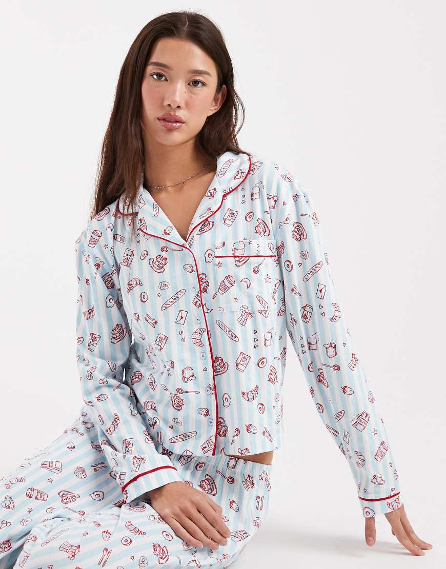 Wednesday's Girl - Pyjama mit Croissantmuster, bestehend aus langärmligem Hemd und Hose-Blau von Wednesday's Girl
