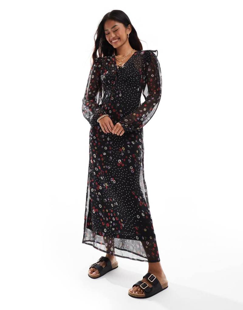 Wednesday's Girl - Wadenlanges Kleid in Schwarz mit Rüschen, Blumen- und Punktemuster von Wednesday's Girl