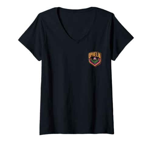 Damen Wednesday Season 2 Ophelia Left Pocket Retro Logo T-Shirt mit V-Ausschnitt Damen Wednesday Season 2 Ophelia Left Pocket Retro Logo T-Shirt mit V-Ausschnitt von Wednesday