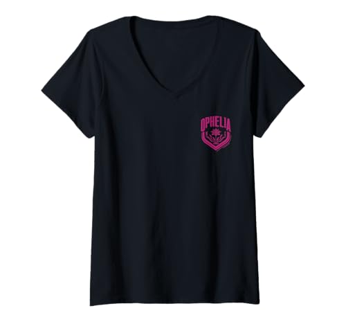 Damen Wednesday Season 2 Ophelia Left Pocket Retro Purple Logo T-Shirt mit V-Ausschnitt Damen Wednesday Season 2 Ophelia Left Pocket Retro Purple Logo T-Shirt mit V-Ausschnitt von Wednesday