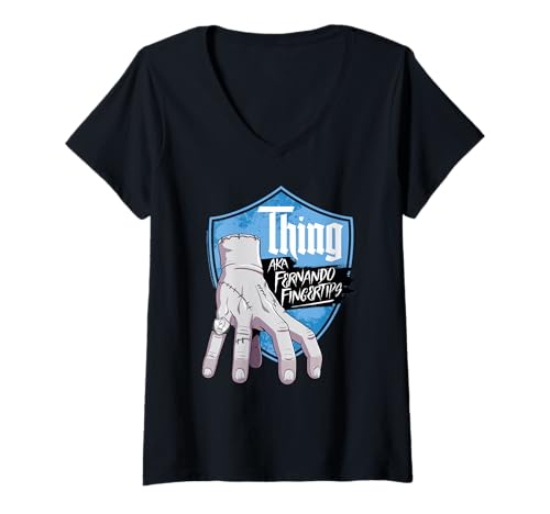 Damen Wednesday Season 2 Thing AKA Fernando Fingertips Logo T-Shirt mit V-Ausschnitt Damen Wednesday Season 2 Thing AKA Fernando Fingertips Logo T-Shirt mit V-Ausschnitt von Wednesday