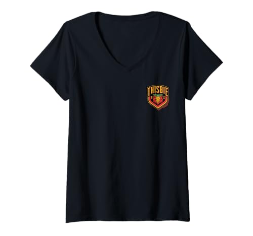 Damen Wednesday Season 2 Thisbie Left Pocket Retro Logo T-Shirt mit V-Ausschnitt Damen Wednesday Season 2 Thisbie Left Pocket Retro Logo T-Shirt mit V-Ausschnitt von Wednesday