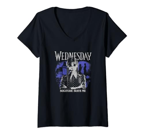 Damen Wednesday Solitude Suits Me Distressed Big Chest Poster T-Shirt mit V-Ausschnitt von Wednesday