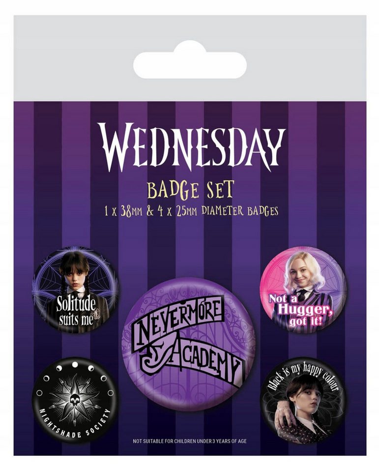 Wednesday Anstecknadel Wednesday Nevermore Anstecker 5er Set Buttons Pin Halloween Kleidung (1-tlg) von Wednesday