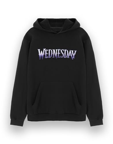 Wednesday Damen Kapuzen-Sweatshirt Addams Classic Kapuzenpullover mit lila Logo und Grafik für Damen in Schwarz | Netflix Serie Eins Merchandise Kapuzenpullover für Erwachsene von Wednesday