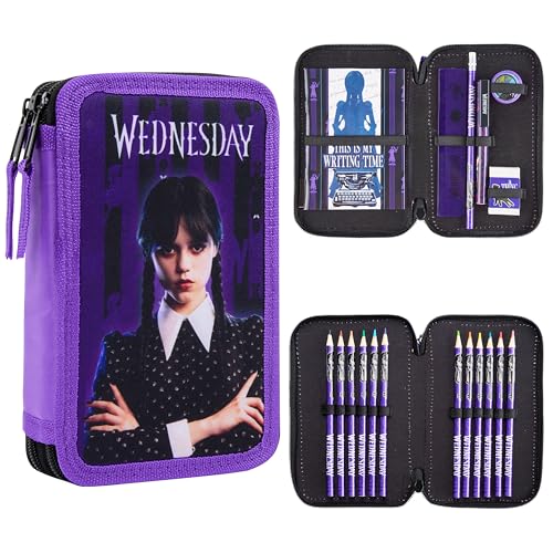 Wednesday Federmäppchen Mädchen Gefülltes Pencil Case Doppelmäppchen mit Stifte, Radiergummi, Notizbuch Mädchen Geschenke von Wednesday