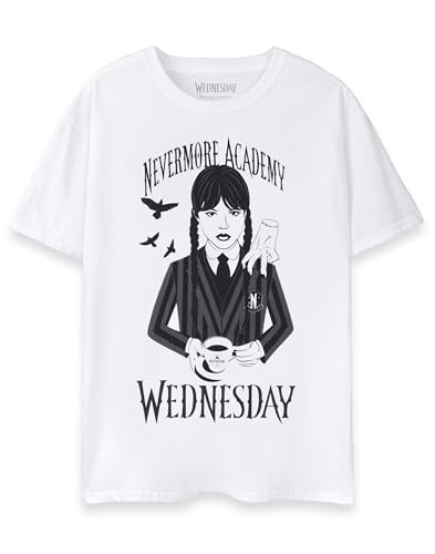 Wednesday Grafik-T-Shirt für Damen | Weißes klassisches Oberteil der Nevermore Academy | T-Shirt mit Rundhalsausschnitt für TV-Programme Addams Kurzarmbekleidung von Wednesday