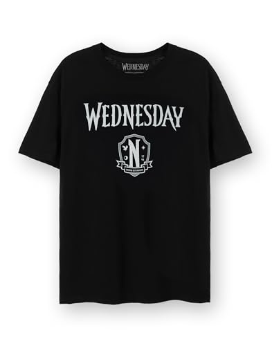 Wednesday Mittwoch Damen T-Shirt | Damen Classic Logo & Crest Grafik T-Shirt in Schwarz Addams Netflix Series Merchandise Erwachsene Kurzarm-Oberteil | Das Addams Family Apparel Geschenk für sie von Wednesday