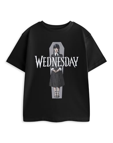 Wednesday Schwarzes Addams-T-Shirt für Kinder | Kurzärmliges Grafik-T-Shirt mit Tupfen-Design und Sarg-Print | Halloween-Freizeitkleidung | Cartoon-Charakter-Oberteil für Kinder von Wednesday