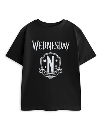 Wednesday Schwarzes kurzärmliges Grafik-T-Shirt für Mädchen | Lässige Alltagskleidung | Rundhals-Top für Fans von TV-Show-Merchandise Girls Merch von Wednesday