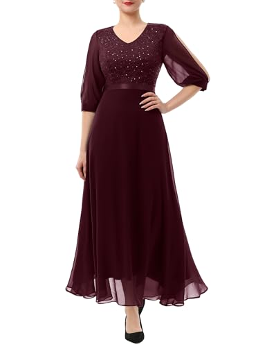 Wedtrend Abendkleid Chiffonkleid Damen Elegant V-Ausschnitt Kleider Damen Burgund Kleid Spitzenkleid Festlich Chiffon Kleid WT0317 Burgundy L von Wedtrend