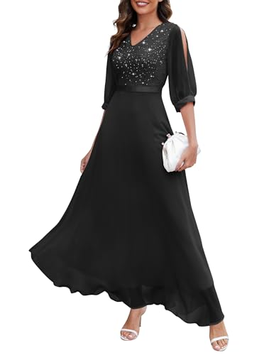 Wedtrend Abendkleid Damen Festlich Elegant Abendkleid Damen Lang Halber Ärmel Kleid Lang Abendkleid Elegant für Hochzeit WT0317 Black XS von Wedtrend