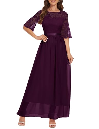 Wedtrend Cocktailkleid Langarm Damen Rund-Ausschnitt Kleid Damen Elegante Kleider Damen Lang Kleider Damen mit Spitzen WT0314 Grape XL von Wedtrend