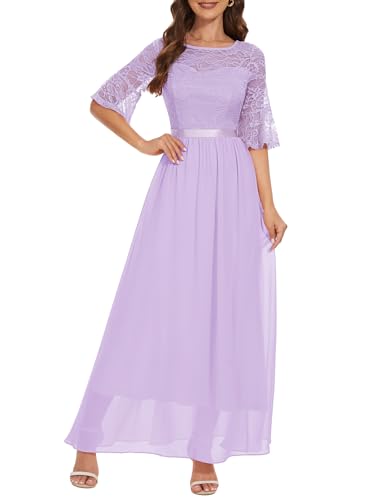 Wedtrend Cocktailkleid Langarm Damen Rund-Ausschnitt Kleid Damen Elegante Kleider Damen Lang Kleider Damen mit Spitzen WT0314 Lavender S von Wedtrend