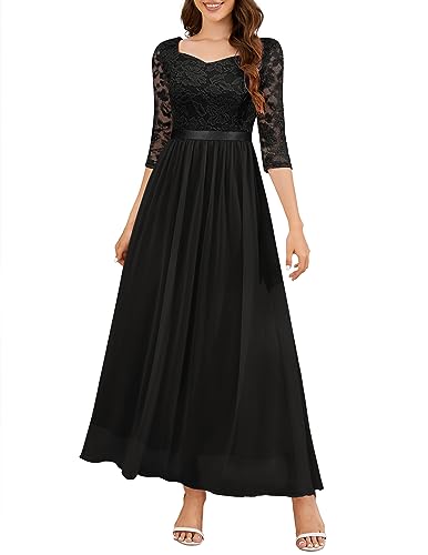 Wedtrend Cocktailkleid Langarm Damen V-Ausschnitt Kleid Damen Elegante Kleider Damen Lang Kleider Damen mit Spitzen WT0312 Black XL von Wedtrend