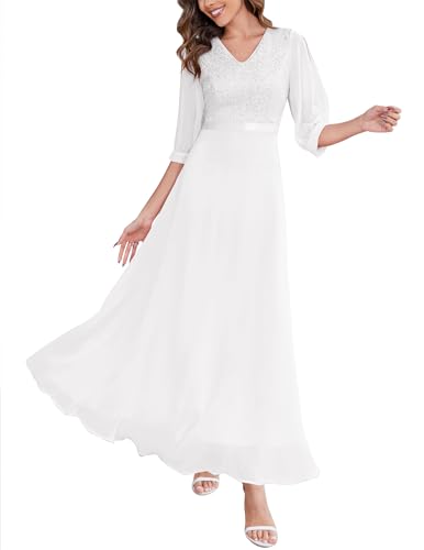 Wedtrend Cocktailkleid Spitzenkleid Damen Elegant Abendkleid Lang Weißes Kleid mit Pailletten Ballkleid Maxi Spitzenkleid mit Chiffon WT0317 White L von Wedtrend