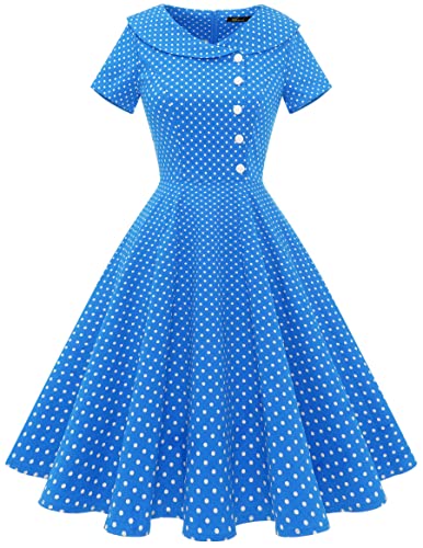 Wedtrend Damen 1950er Vintage Kleid Festlich Rockabilly Cocktailkleid Knielang Vintage Kleid mit Ärmel WTP20007 BlueSmallWhiteDot XS von Wedtrend