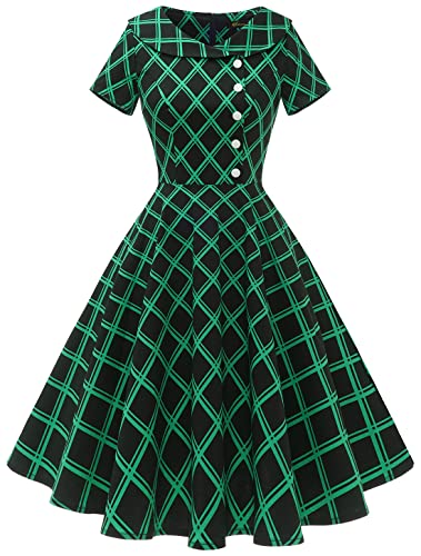 Wedtrend Damen 1950er Vintage Kleid Retro Cocktailkleid Knielang Rockabilly Petticoat Kleid Kurzarm WTP20007 BlackGreenGrid S von Wedtrend