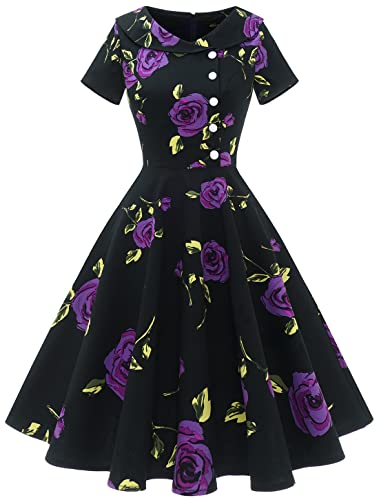 Wedtrend Damen 1950er Vintage Retro Cocktailkleid Rockabilly Petticoat Kleid Kurzarm Abendkleid Damen WTP20007 BlackPurpleFlower S von Wedtrend