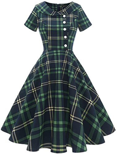 Wedtrend Damen 50er Jahre Kleid Vintage Cocktailkleid Rockabilly Abschlussballkleid mit Peter Pan Kragen A-Linien Cocktailkleid Damen WTP20007 GreenYellowPlaids XS von Wedtrend