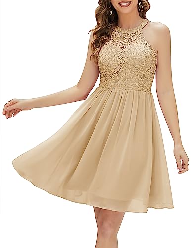 Wedtrend Damen Ballkleid Kurz Abendkleid Elegant Cocktail Party Kleid Brautjungfernkleid Chiffon A Linie Abendkleid mit Spitzen WT0203 Champagne M von Wedtrend